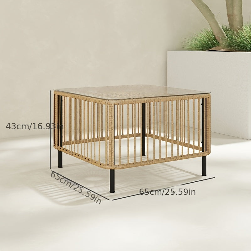 Bijzettafel – Tafeltje – Salontafel – Bijzettafeltje – Sidetable – Compact Vierkant Design – Glasblad & Weersbestendig Rattan – Lichtgewicht & Stevig