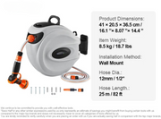 Tuinslang met haspel - met 9-patroon spuitmond - tuinslanghouder - intrekbare slang - Draaibare wandbeugel - slangenbox - 82ft - Grijs - QUORE
