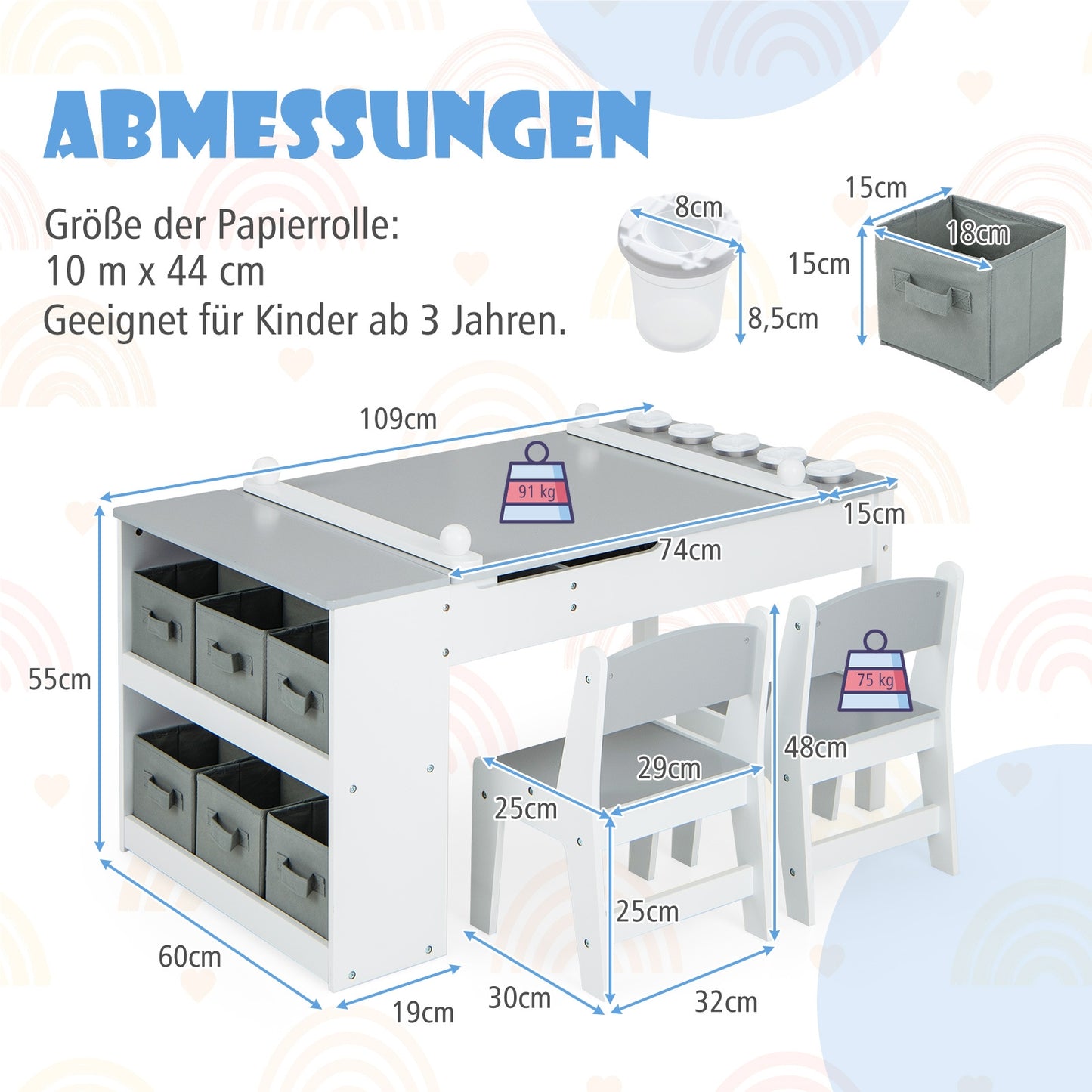 Kindertafel – Kinderbureau – Speeltafel – Knutseltafel – Schildersezel – Houten 3-in-1 Zetelset – Met Opbergruimte & Lift-Top Tafelblad – Grijs