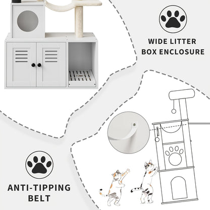 3-in-1 Cat Tree Tower with Hidden Litter Box - Multi-Level Cat Furniture House with Sisal Scratching Post, Plush Perch, Ladder & Enclosed Toilet - Space-Saving Wood Cat Tree for Cats (Compatible with Litter)