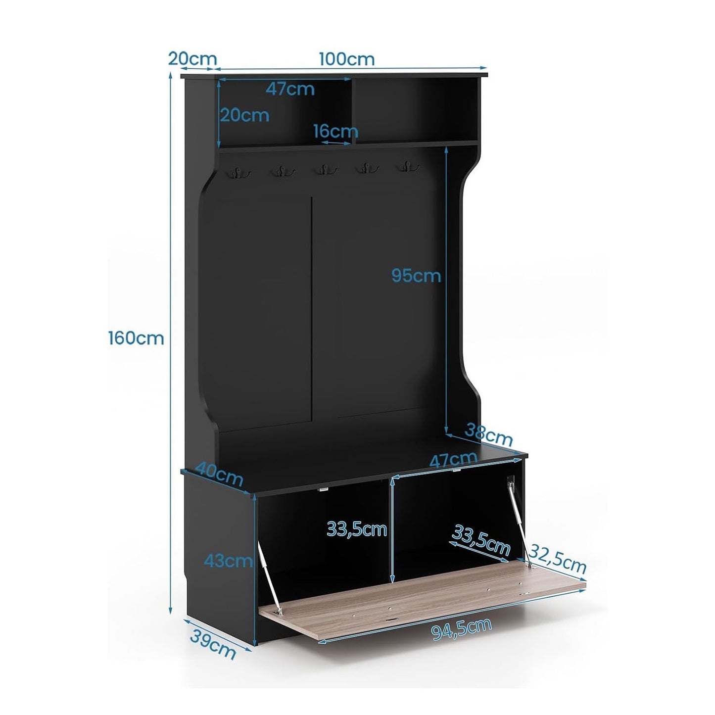 Garderobekast – Kapstok – Wandmeubel – Schoenkast – Opbergkast – Met 5 Dubbele Haken en Zitbank – Robuust Hout & Compact 100x40x160 cm
