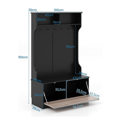 Garderobekast – Kapstok – Wandmeubel – Schoenkast – Opbergkast – Met 5 Dubbele Haken en Zitbank – Robuust Hout & Compact 100x40x160 cm