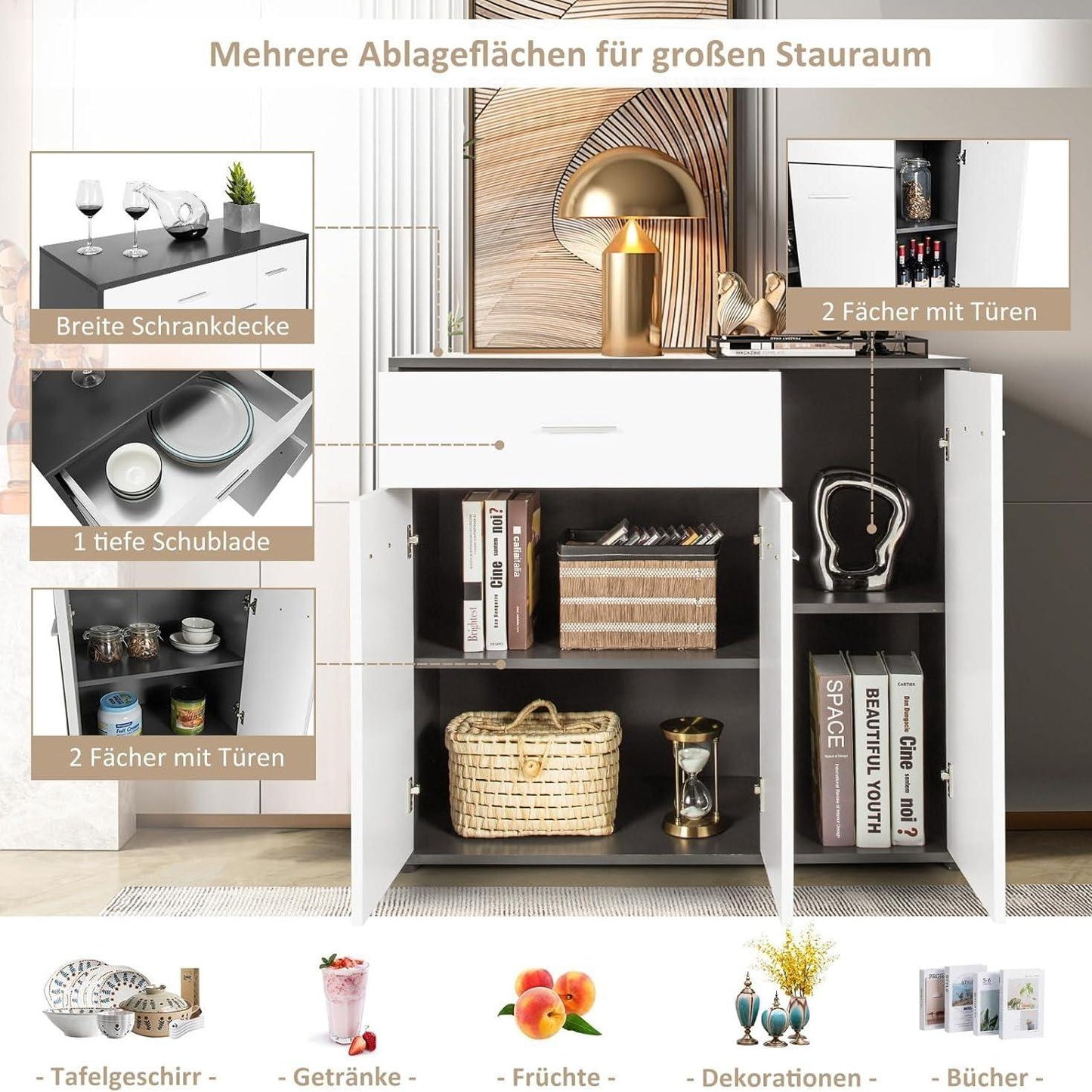 Modern Sideboard – Dressoir – Kast – Opbergmeubel – Servieskast – Grijs-Wit – Kiepbeveiliging – Verstelbare Legplank