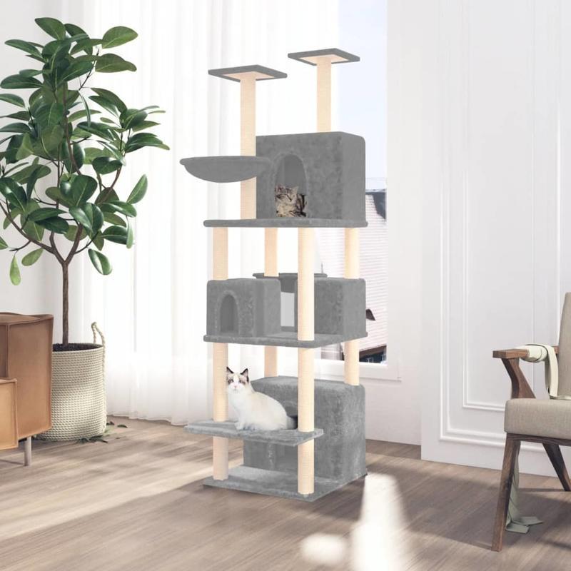 Krabpaal – Kattenklimrek – Kattenboom – Krabmeubel – Kattenhuis – Lichtgrijs – 180 cm Hoog – Duurzaam Plywood Met Sisal