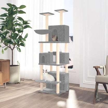 Krabpaal – Kattenklimrek – Kattenboom – Krabmeubel – Kattenhuis – Lichtgrijs – 180 cm Hoog – Duurzaam Plywood Met Sisal