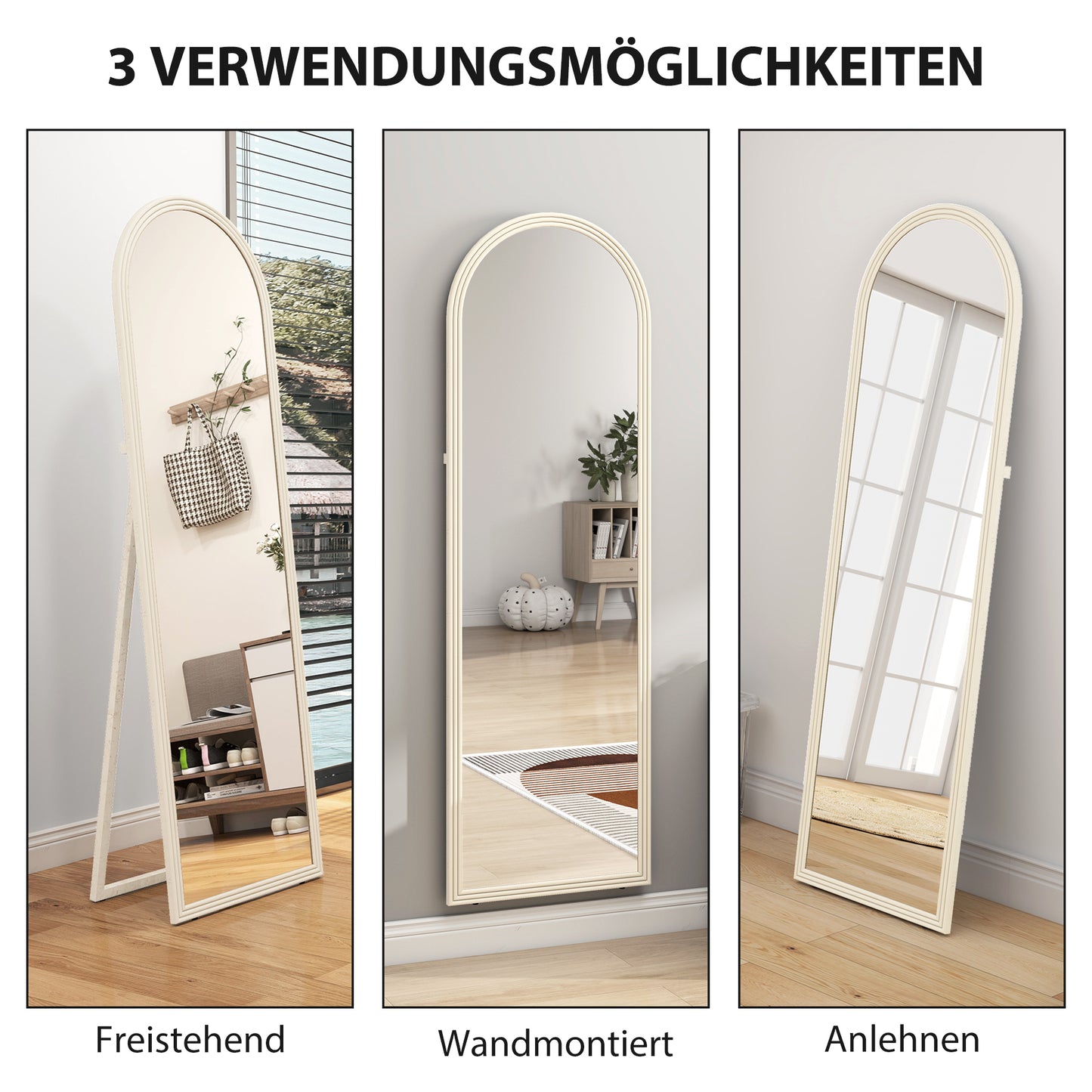 Staande Spiegel – Passpiegel – Vloerspiegel – Wandspiegel – Boogspiegel – Wit Frame – 50x160 cm – Vrijstaande & Ophangbare Full-Length Spiegel