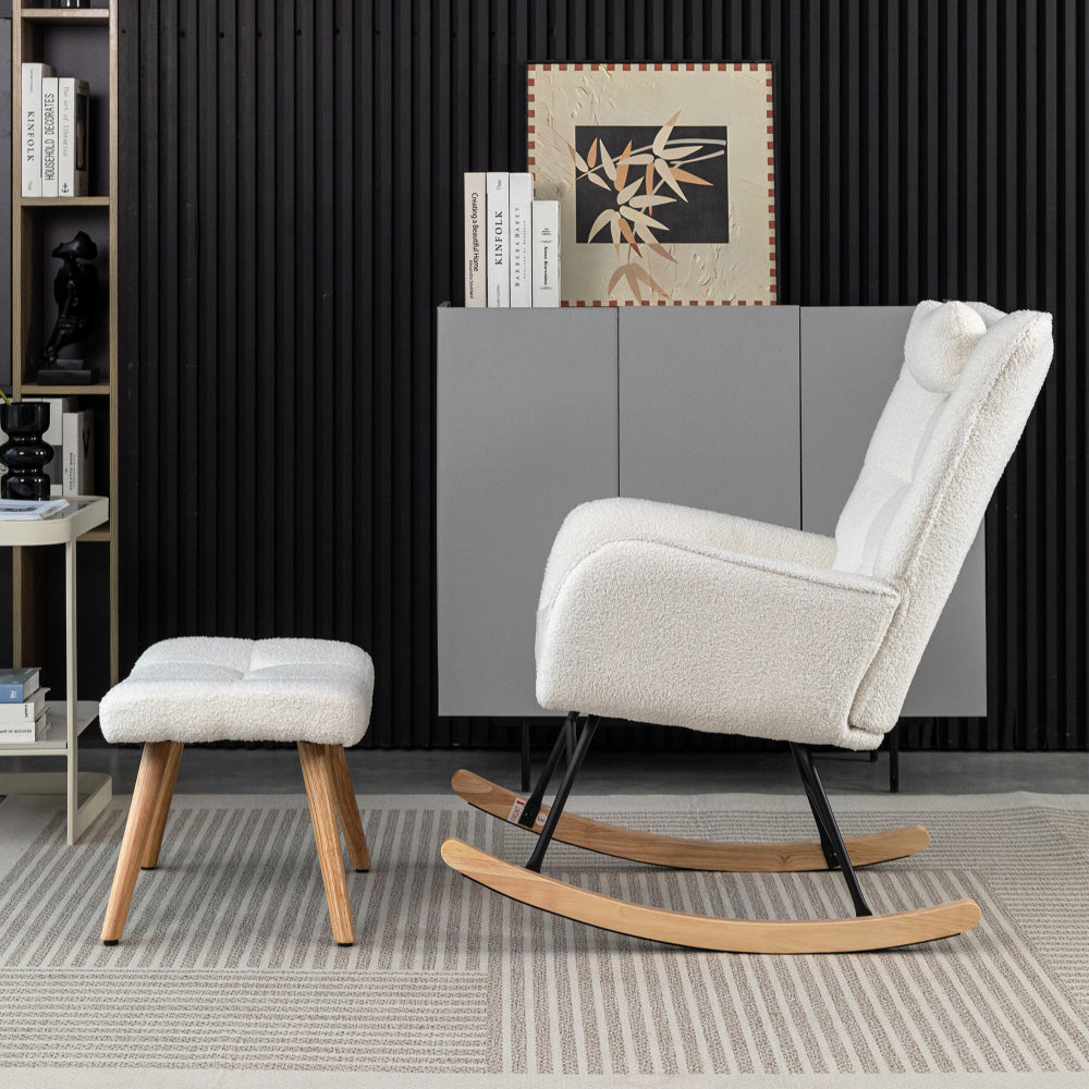 Relaxstoel – Fauteuil – Loungestoel – Schommelstoel – Draaifauteuil – Witte Relaxstoel Met Voetensteun – Breed Zitvlak 65 cm – Stevige Schommelmechaniek Met Hoofdsteun