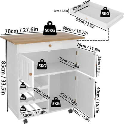 Kitchen Trolley on Wheels with Bottle Rack, Side Shelves And Cabinet with Soft-Close Hinges, Kitchen Cabinet with Towel Rack And Rubberwood Top