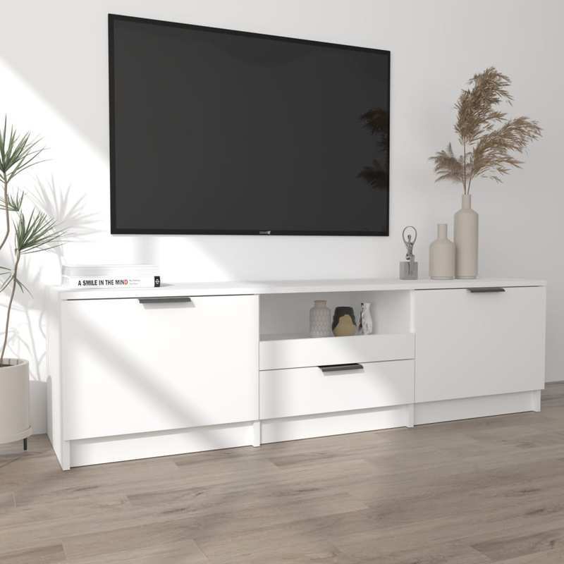 Houten Tv-Meubel – Tv-Meubelkast – Tv-Stand – Mediamöbel – Tv-Meubel Wit – Massief Hout – 140x35x40 cm – Praktische Opbergruimte