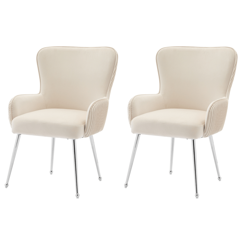 Velvet Fauteuil Set – Tweezits Fauteuils – Lounge Stoelen – Comfortabele Stoelen – Beige Fluwelen Stoelen – Met Metalen Zilveren Poten – Verstelbare Lendensteun – Eenvoudige Montage