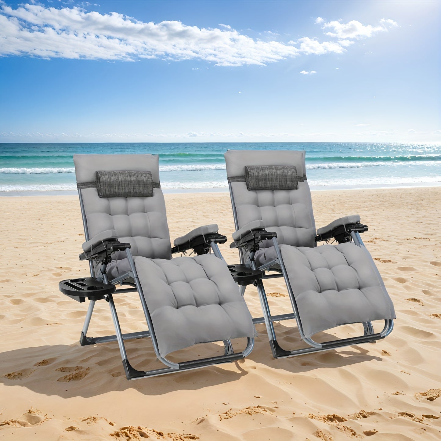 Loungestoelen – Outdoor Stoel – Campingstoel – Balkonstoel – Relaxstoel – Set Van 2 – Teslin Stof Met Kussen – Inklapbaar Met Bekerhouder