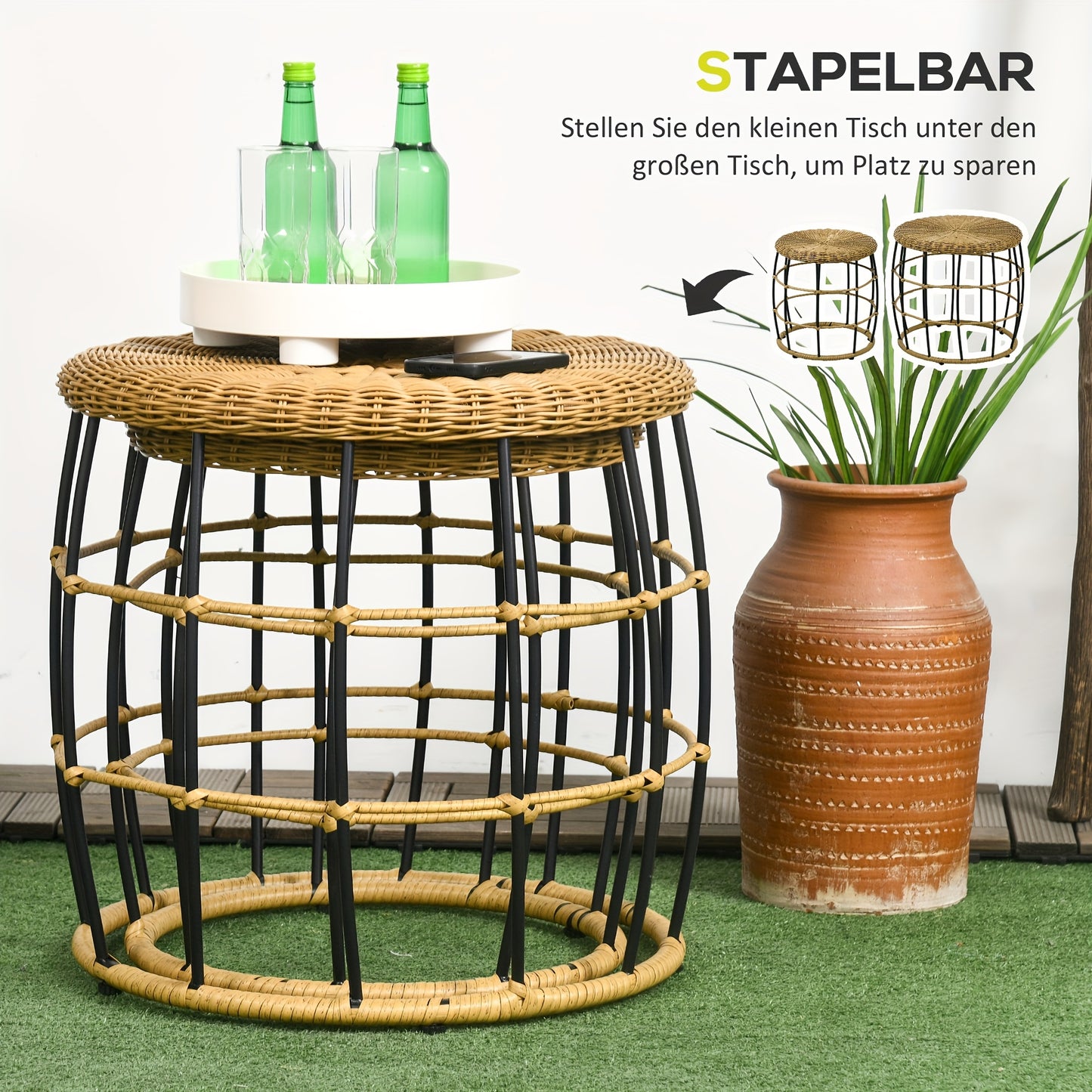 Bijzettafel – Bijzettafeltje – Banktafel – Salontafel – Side Table – Set van 2 – Stapelbaar – Kunststof Rattan – Kaki – Geschikt voor Buitengebruik