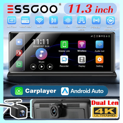Multifunctioneel Autoradio-systeem – Auto Stereo – CarPlay Radio – Touchscreen Autoradio – 4WD Entertainment – 11,3 inch Groot Scherm – Dual 4K Camera’s met Achteruitrijcamera