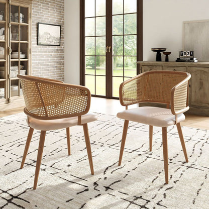 2 Dining Room Chairs in Rattan with PU Leather Cushions, Combining Comfort And Breathability with Modern Minimalist Style. Suitable for Dining Room, Living Room And Cafe., Dining Table Chairs, Kitchen Table And Chairs Set, Ch