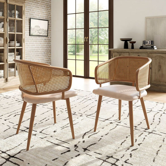 2 Dining Room Chairs in Rattan with PU Leather Cushions, Combining Comfort And Breathability with Modern Minimalist Style. Suitable for Dining Room, Living Room And Cafe., Dining Table Chairs, Kitchen Table And Chairs Set, Ch