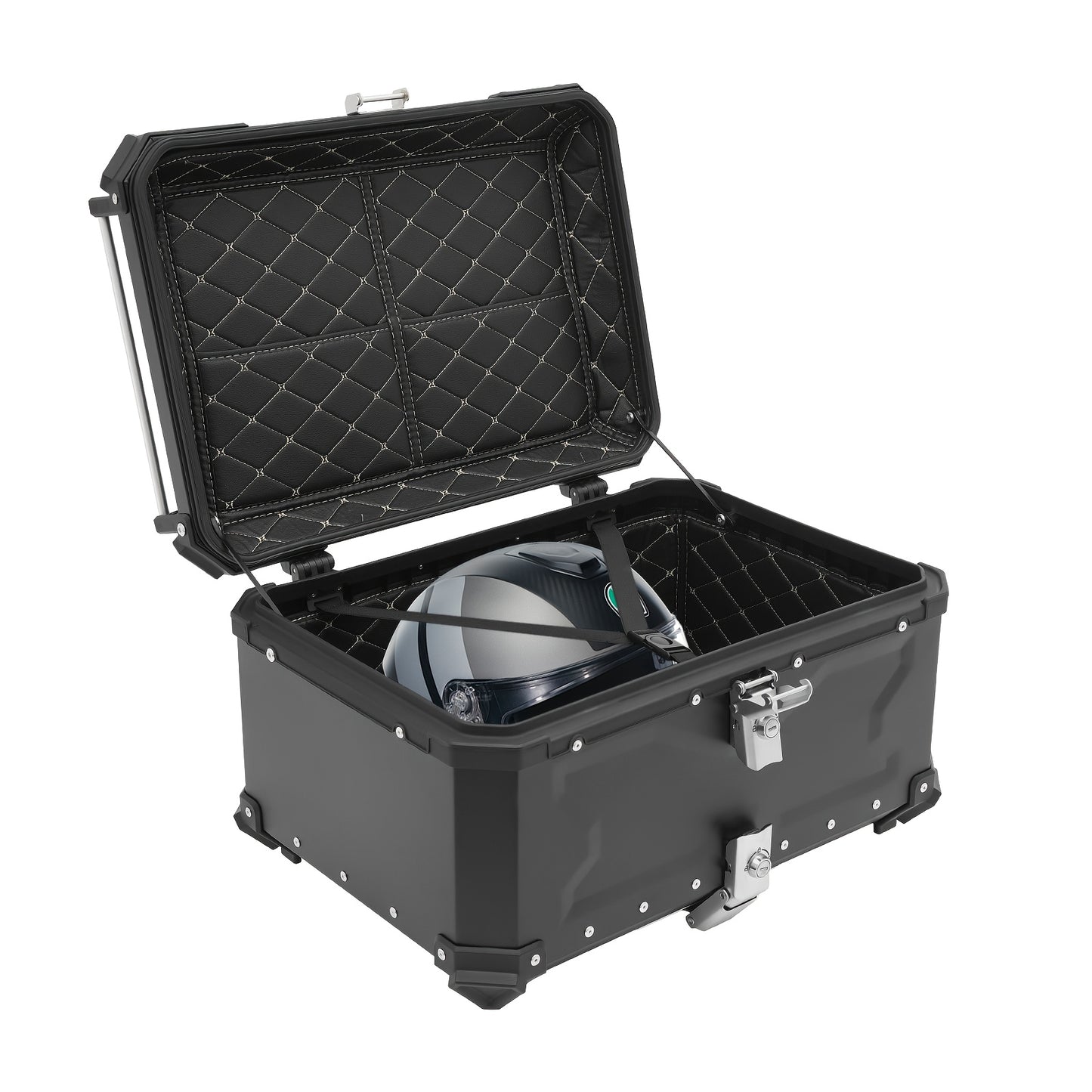 Motorbox – Motorkoffer – Topkoffer – Bagagekoffer – Motoruitrusting – 65 Liter Inhoud – Stevig Aluminium & Carbonstaal – Veilig Slot & Schokdempende Voering – Zwart