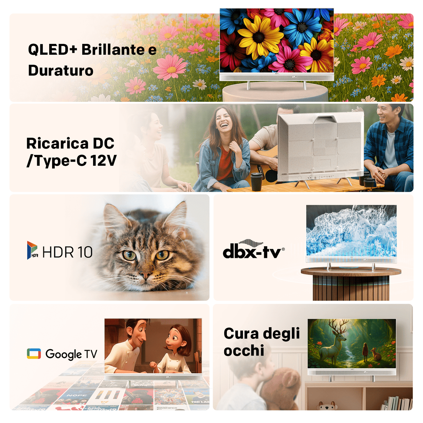 32” QLED Smart TV – Draagbare Televisie – HD Monitor – Mobiele TV – Compact Scherm – Handvat – Google TV – HDR10 Display – Bluetooth Geluid