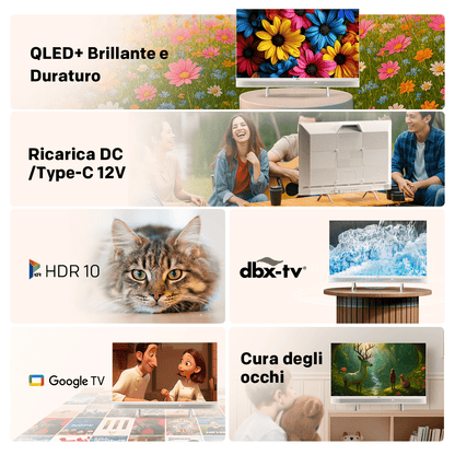 32” QLED Smart TV – Draagbare Televisie – HD Monitor – Mobiele TV – Compact Scherm – Handvat – Google TV – HDR10 Display – Bluetooth Geluid
