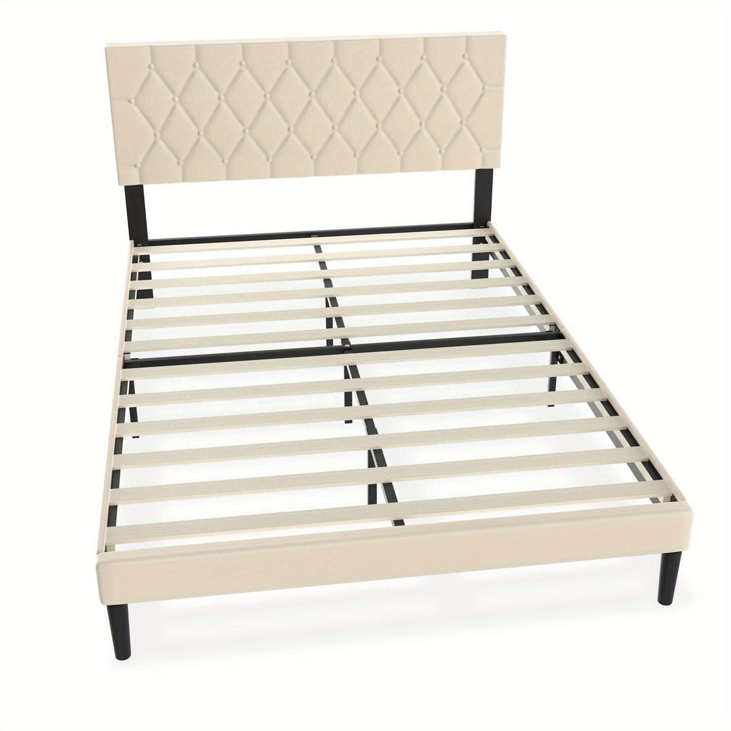 Bedframe – Bed – Tweepersoonsbed – Platformbed – Eenpersoonsbed – Gestoffeerd Kunstleer – Beige – 90x200 cm – Stevig Met MDF en Metaal
