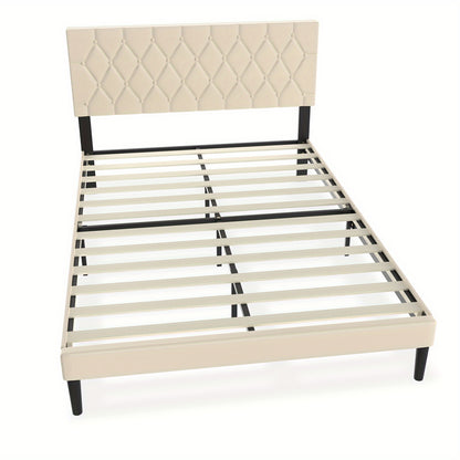 Bedframe – Bed – Tweepersoonsbed – Platformbed – Eenpersoonsbed – Gestoffeerd Kunstleer – Beige – 90x200 cm – Stevig Met MDF en Metaal