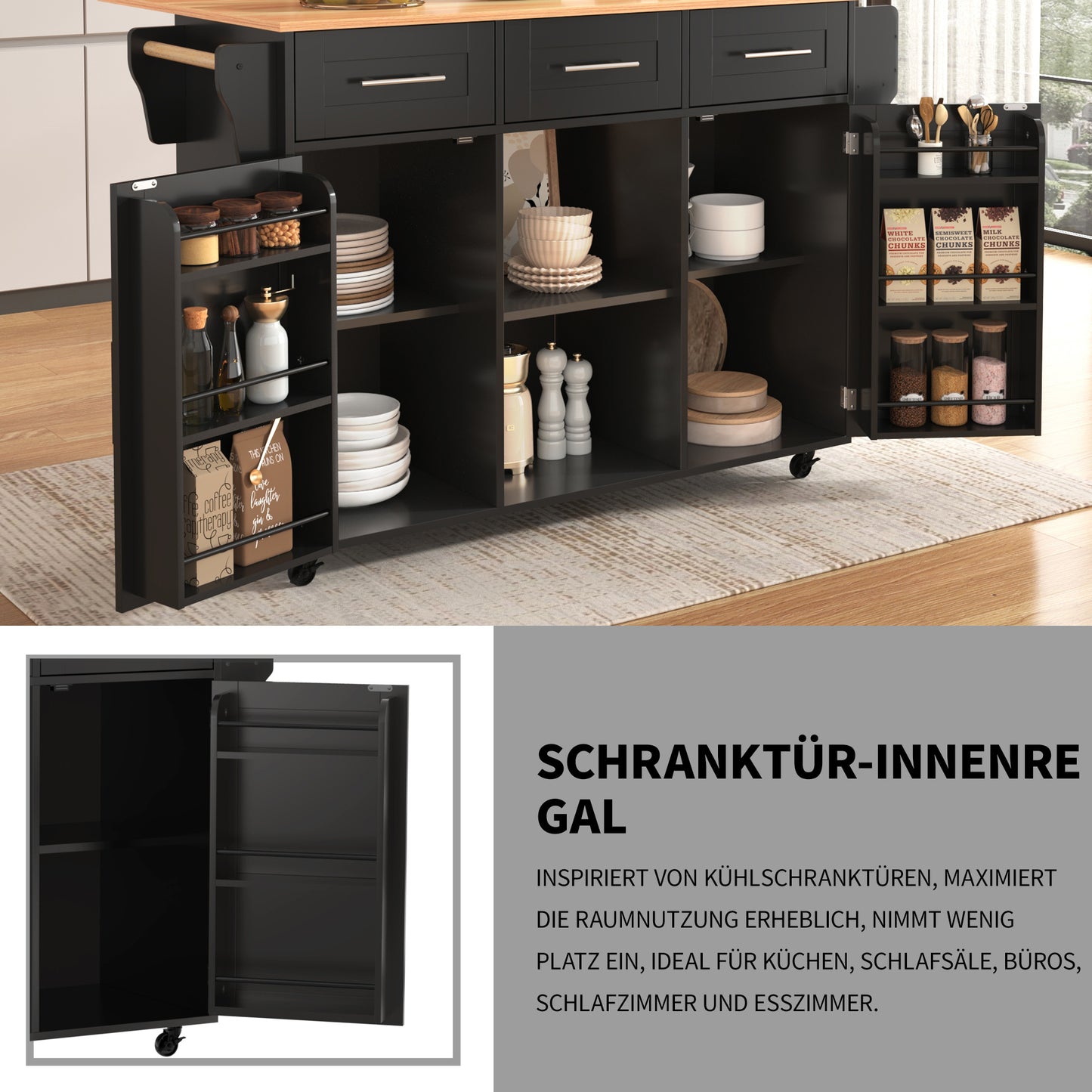 Keukenwagen – Keukentrolley – Servierwagen – Keukenkar – Rolkast – Uitklapbaar Werkblad – Houtlook Blad – 139x46(71)x91,5 cm – Met Laden en Verstelbare Planken – Mobiel en Vast Plaatsbaar – Zwart Met Houten Poten