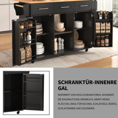 Keukenwagen – Keukentrolley – Servierwagen – Keukenkar – Rolkast – Uitklapbaar Werkblad – Houtlook Blad – 139x46(71)x91,5 cm – Met Laden en Verstelbare Planken – Mobiel en Vast Plaatsbaar – Zwart Met Houten Poten