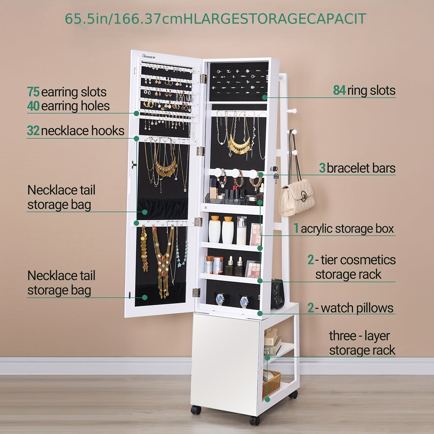 Sieradencabinet – Sieradendoos – Juwelendoos – Sieradenkast – Sieradenopberger – Volledige Spiegel 169 cm – Verplaatsbaar Met Wieltjes En Slot