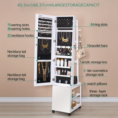 Sieradencabinet – Sieradendoos – Juwelendoos – Sieradenkast – Sieradenopberger – Volledige Spiegel 169 cm – Verplaatsbaar Met Wieltjes En Slot