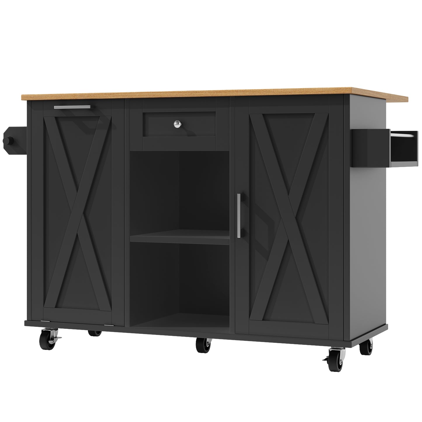 Keukeneiland – Keukentrolley – Keukenkast – Buffetkast – Keukenwagen – Inklapbaar Werkblad – Verstelbare Legplanken – 3D MDF-deuren – Metalen Handgrepen – Zwart – 142×40/63×87 cm