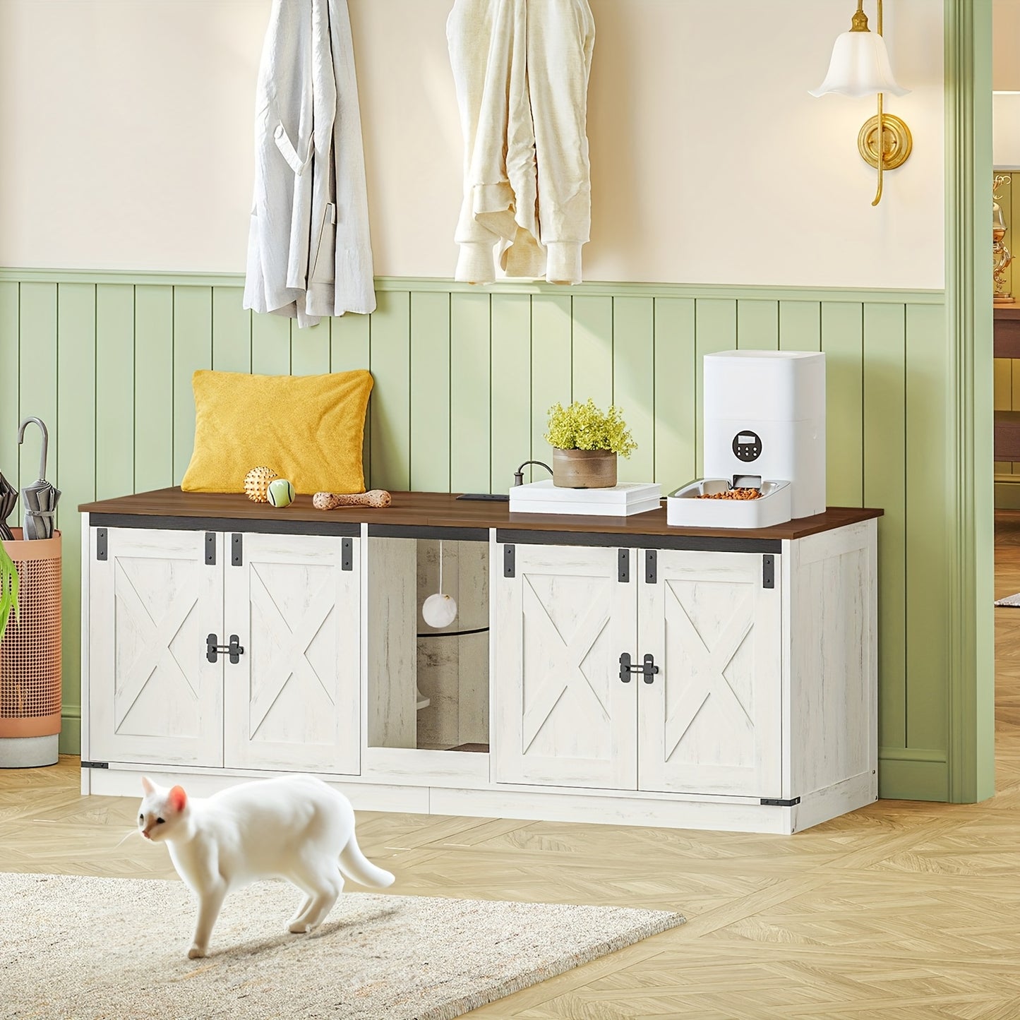 Kattenmeubel – Kattenkast – Kattenbakmeubel – Kattenhuis – Kattenbak Kast – Voor 2 Katten – Met Stopcontacten en USB-poorten – 140 cm – Bruin-Wit