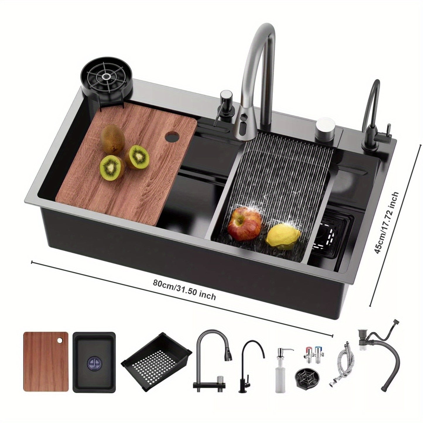 Keukenspoelbak – Spoelbak – Werkstation – Enkele Kom – Topmount – 80 x 45 cm – Roestvrij Staal – Mat Zwart – Multifunctioneel met 360° Mengkraan