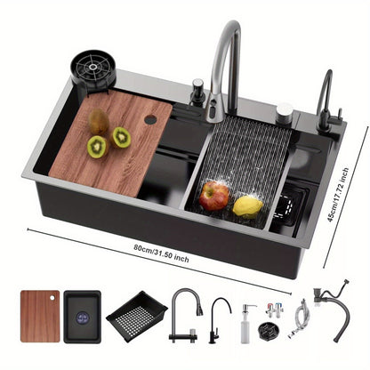 Keukenspoelbak – Spoelbak – Werkstation – Enkele Kom – Topmount – 80 x 45 cm – Roestvrij Staal – Mat Zwart – Multifunctioneel met 360° Mengkraan