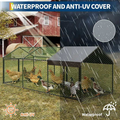 Extra Large Heavy-Duty Metal Chicken Coop with Waterproof UV-Resistant Roof - Extra Long 3.05meter (3.05meter) Run, Walk-In Door & Internal Partition - Spacious 101.6cmWx101.6cmH Poultry Cage for Chickens, Ducks, Geese, Rabbi