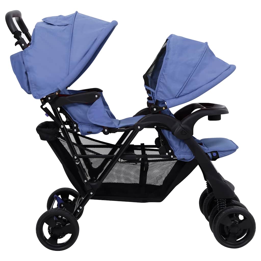 Tandem Kinderwagen – Tweelingwagen – Dubbele Kinderwagen – Duo Buggy – Tweekinderwagen – Staal en Linnen – Verstelbare Zonnekap – Ruime Ondermand – Marineblauw