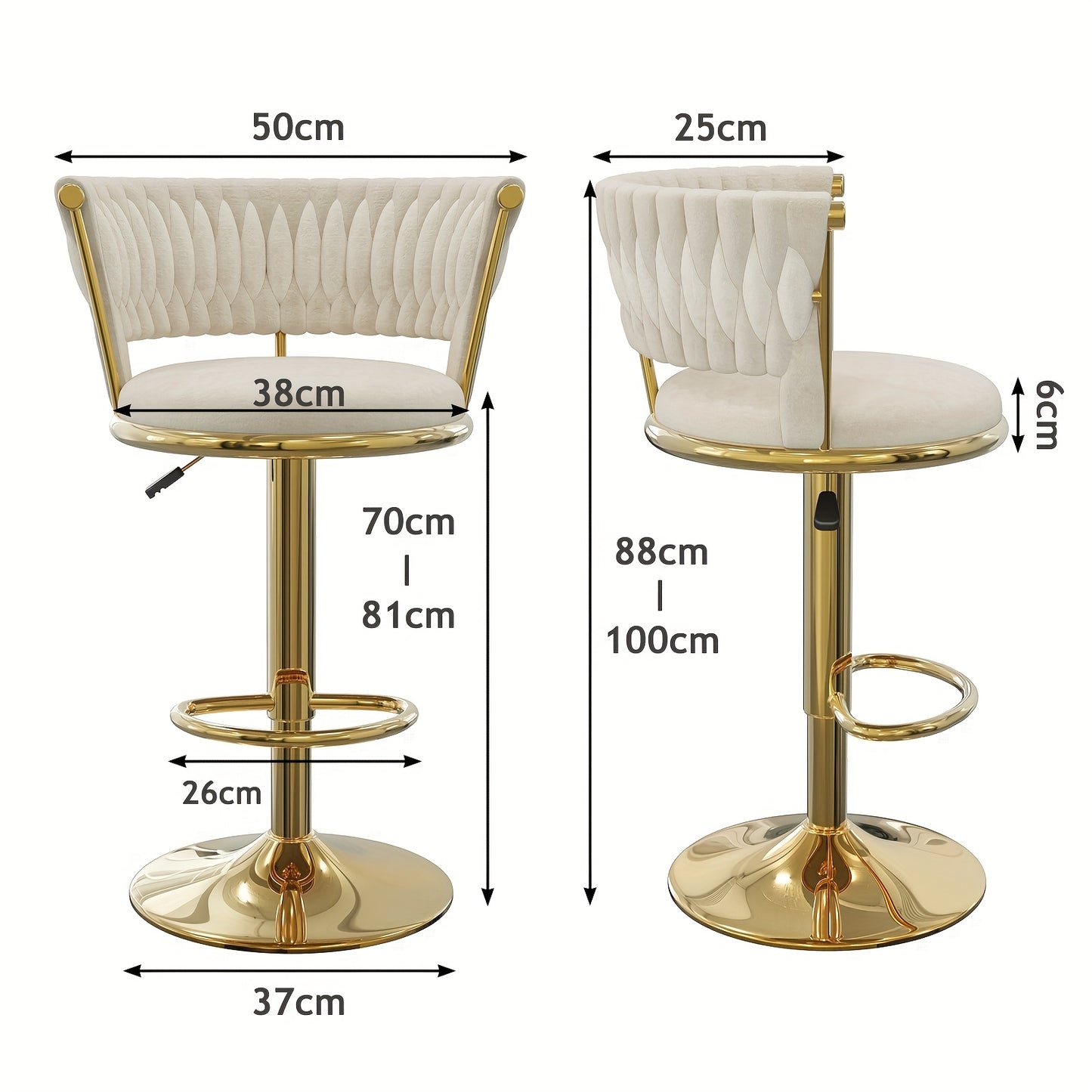 Barstoel – Barkruk – Keukenkruk – Barstoel Draaibaar – Barkruk Velvet – Set Van 2 – Verstelbare Hoogte 78-100 cm – Metalen Gouden Poten