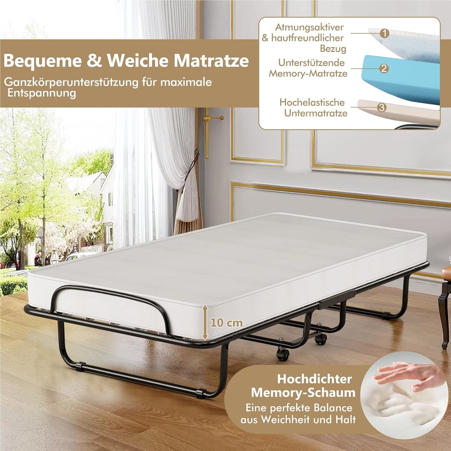 Opvouwbed – Logeerbed – Opklapbed – Eenpersoonsbed – Extra Bed – Traagschuim Matras 10 cm – Stalen Frame 120 kg Draagkracht