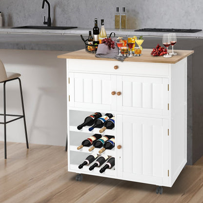 Versatile White Kitchen Island Cart with Wheels - 68.58cm x 39.12cm x 85.09cm | Spacious Storage & Worktop, Wine Rack Included