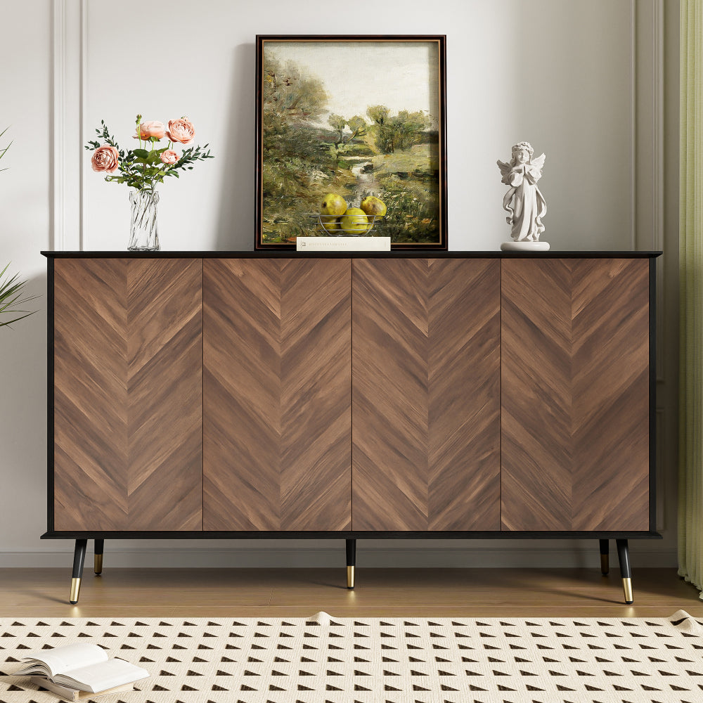 Dressoir – Sideboard – Opbergkast – Ladekast – Wandkast – Modern Design – Verstelbare Planken – Zwart & Donkerbruin – 4-Deurs – Ruimtebesparend – Eenvoudige Montage