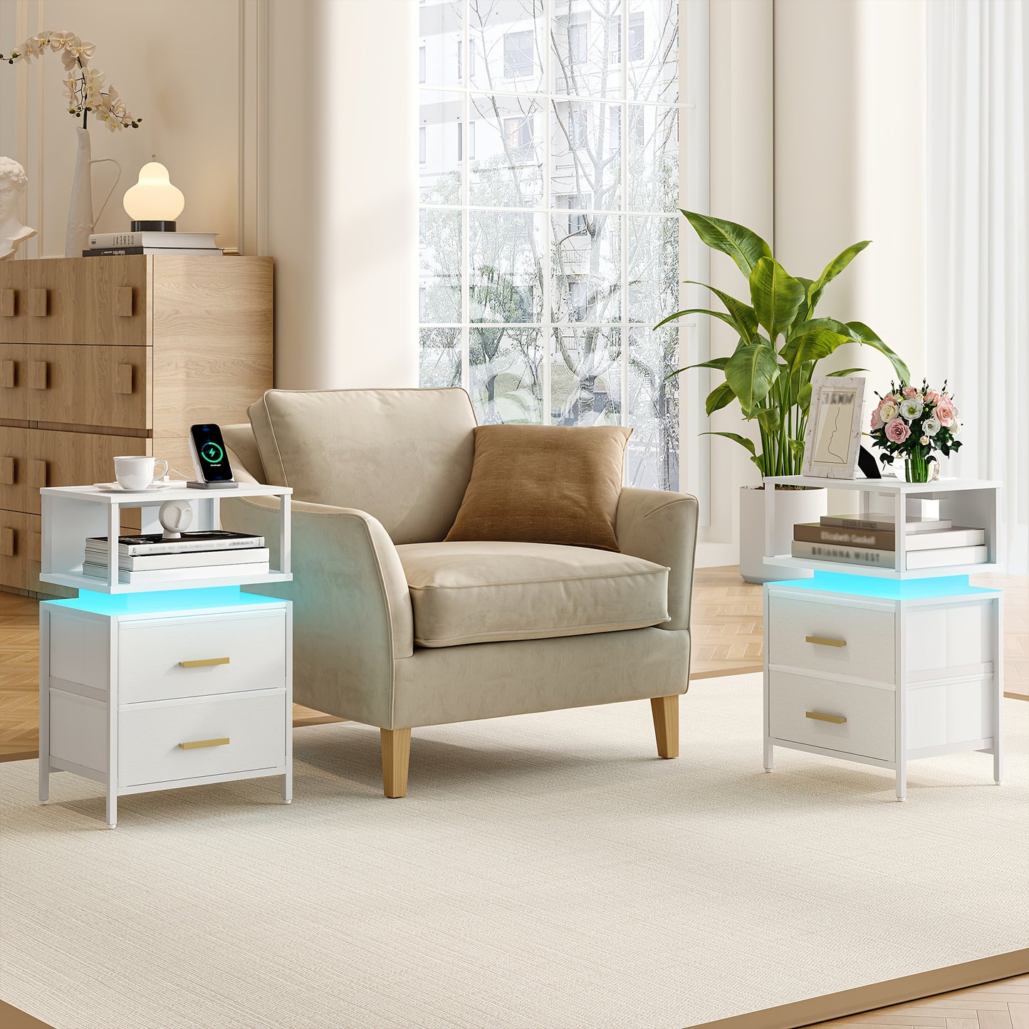 Clothing & Closet Storage, Side Table, Side Table WIth 2 Fabric Drawers And Shelves, Bedside Table For Bedroom, Living Room, Modern, 30.1 X 40.2 X 62.1 Cm, White, Mounted Closet Systems - QUORE