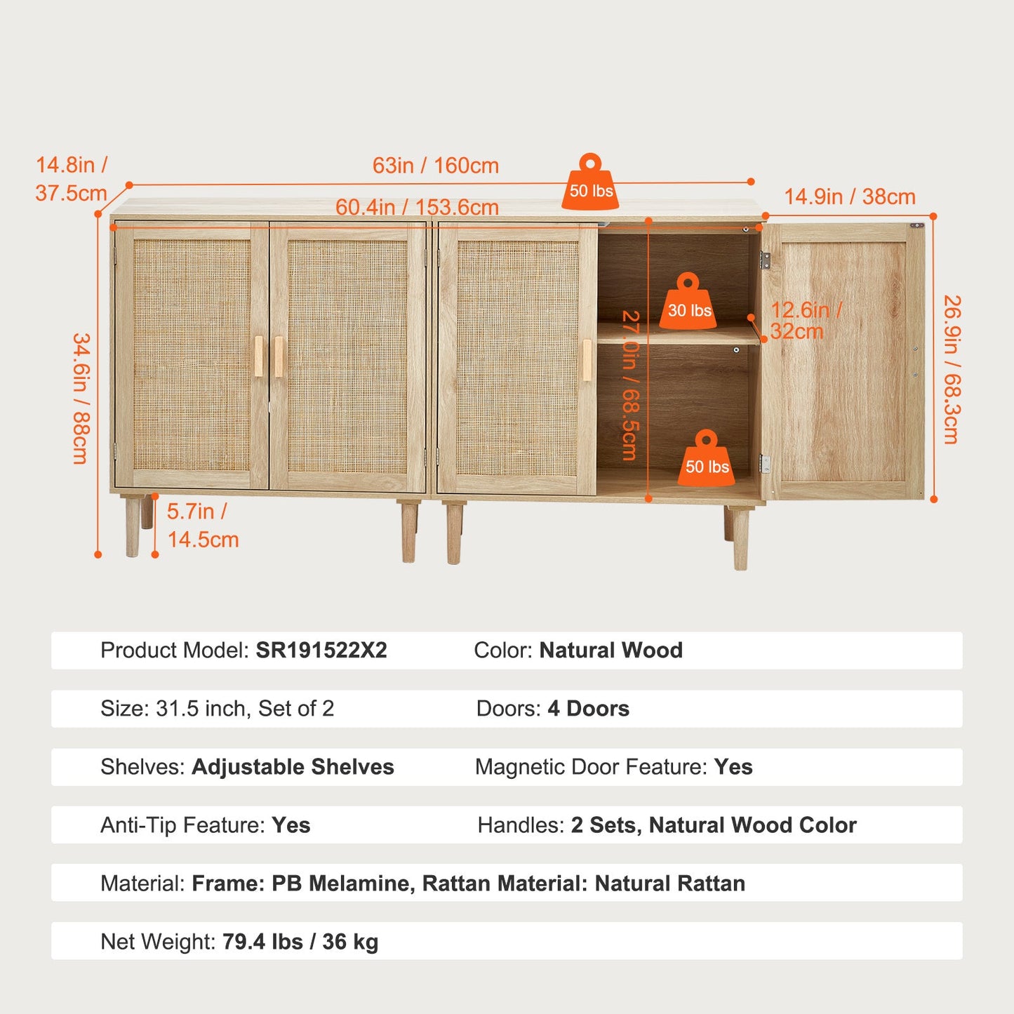 Rotan Kast – Opbergkast – Dressoir – Buffetkast – Ladekast – Handgevlochten Rattan Deuren – Verstelbare Planken – Set Van 2 – Natuurlijke Kleur
