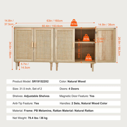 Rotan Kast – Opbergkast – Dressoir – Buffetkast – Ladekast – Handgevlochten Rattan Deuren – Verstelbare Planken – Set Van 2 – Natuurlijke Kleur