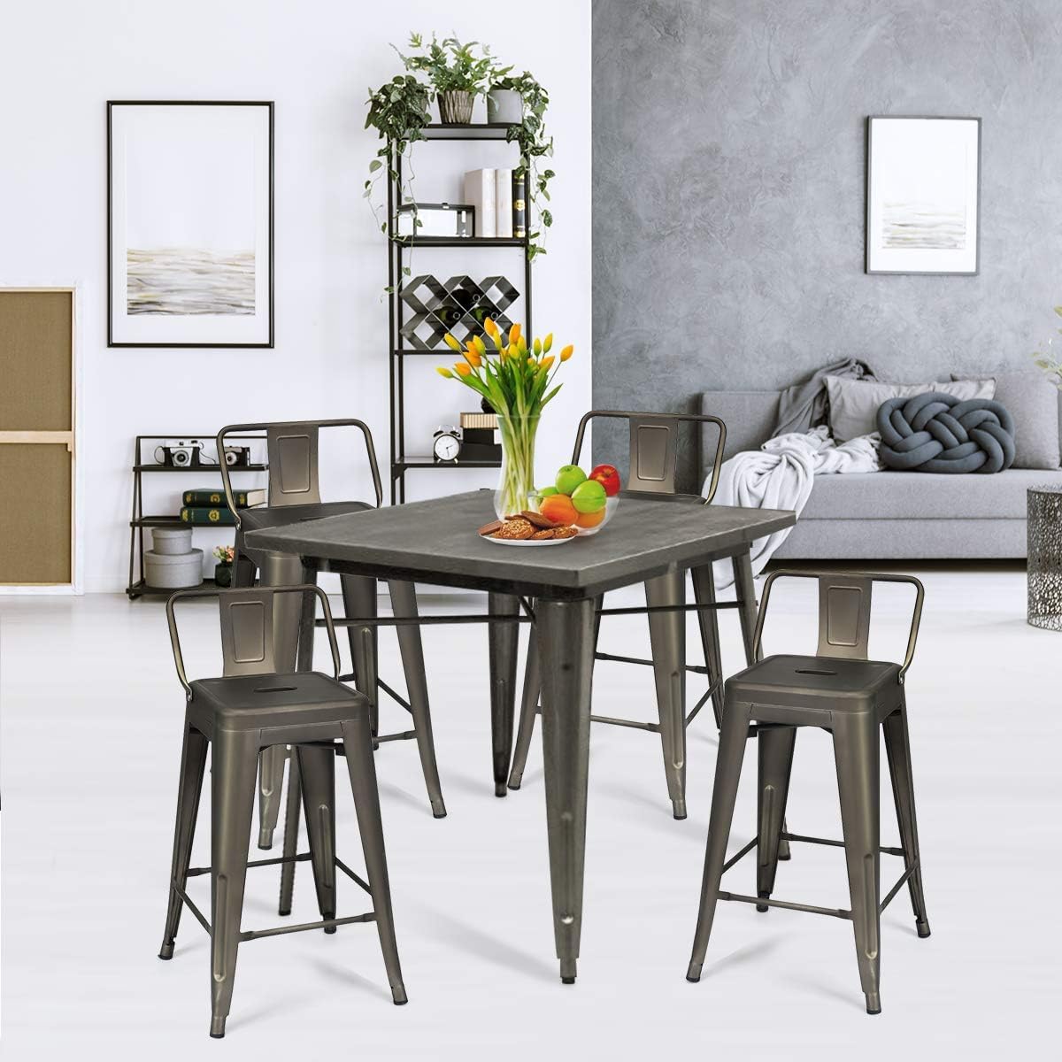 Eetkamerstoelen – Stoelen – Barkrukken – Restaurantstoelen – Metalen Stoelen – Verwijderbare Rugleuning – Max Belastbaarheid 150 kg – Zwarte Set van 4