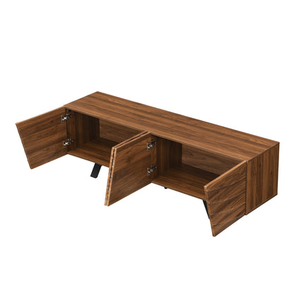 Modern Wave-Front TV Stand with Walnut-Grain Cabinet & Black Wrought-Iron Legs - Metal Entertainment Center with Cable Management, Shelving & Ample Storage Suitable for, Entryway (160×39×50.5cm)
