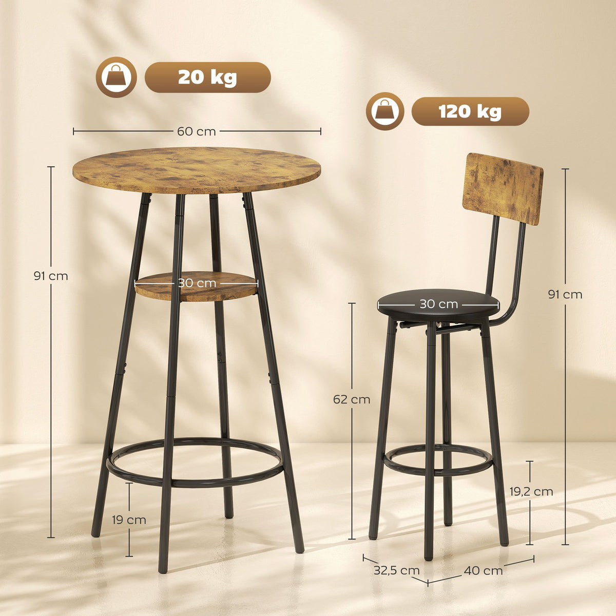 3-Delige Barset – Bartafel Set – Barkrukken Set – Barmeubel – Keukenbar – Rustic-Bruin – Comfortabele Kunstleren Zitting – Stabiel Metalen Frame