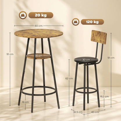 3-Delige Barset – Bartafel Set – Barkrukken Set – Barmeubel – Keukenbar – Rustic-Bruin – Comfortabele Kunstleren Zitting – Stabiel Metalen Frame