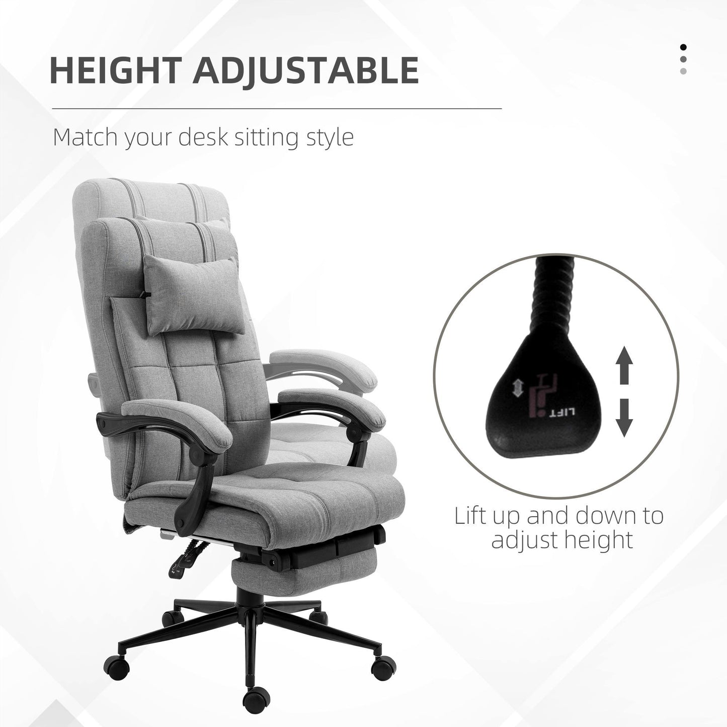 Bureaustoel – Kantoorstoel – Office Chair – Gamestoel – Bureau Stoel – Verstelbare zithoogte 47-55 cm – Pneumatisch kantelbare rugleuning 90-155° – Met hoofdsteun en armleuningen – Ademend linnen met stevig houten frame