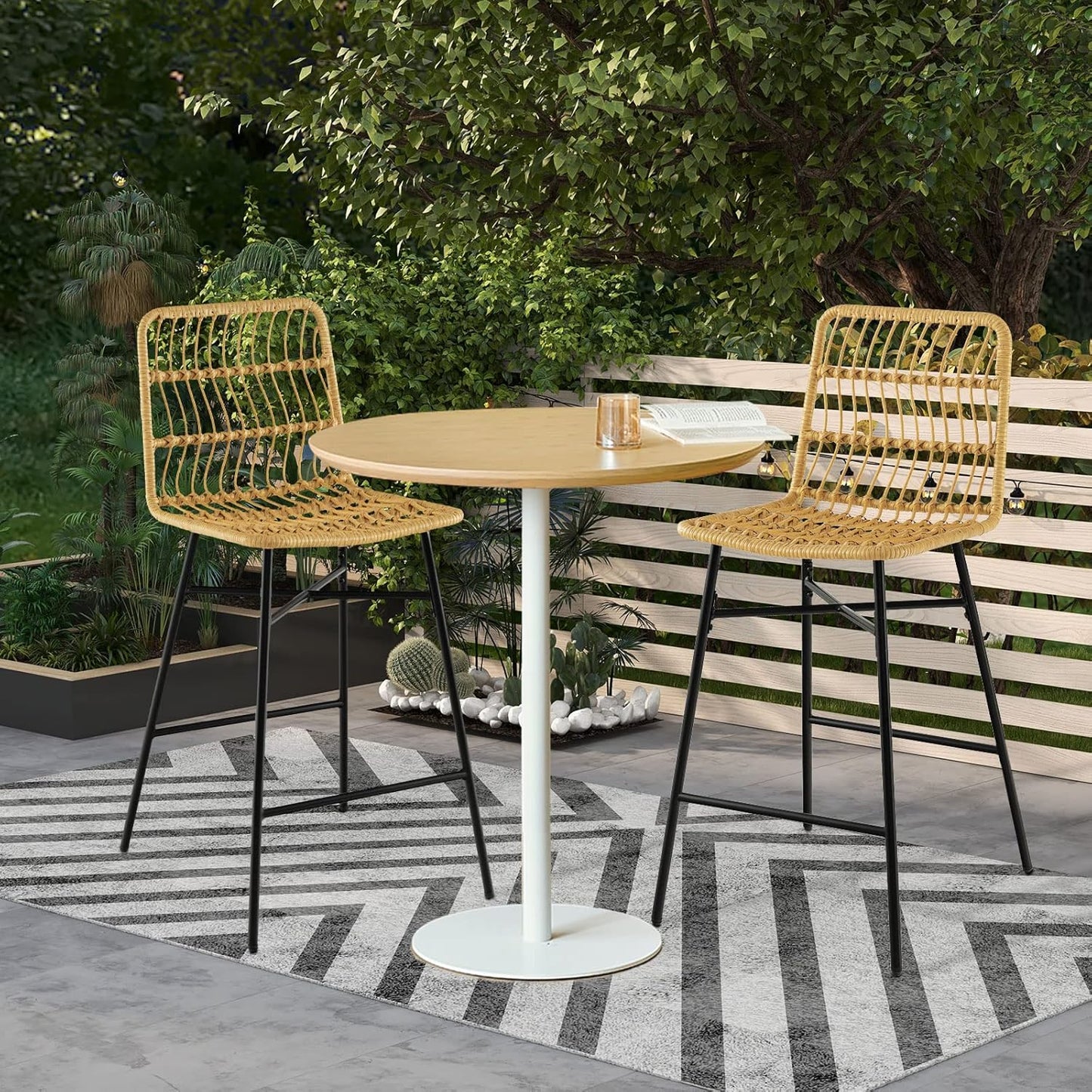 Barkrukken Set – Barkrukken Met Rugleuning – Keukenkrukken – Barstoelen – Rattan Krukken – Gele PE Rattan – Met Metalen Frame – Zithoogte 69 cm