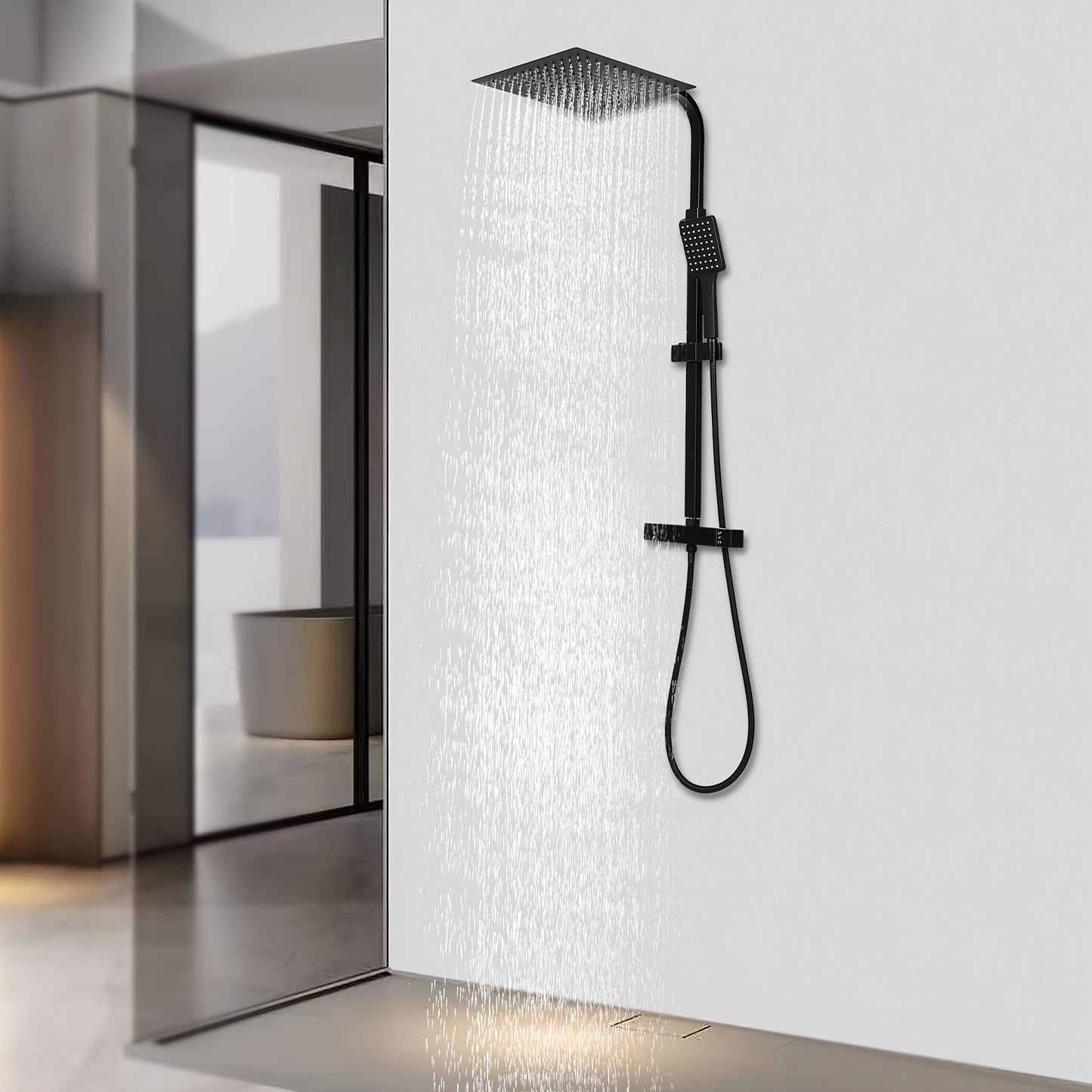 Doucheset – Regendouche Set – Douche Systeem – Douchekraan – Zwart Thermostaat – RVS Materiaal – Verstelbare Hoogte 80-122 cm – Veiligheidsvergrendeling 38°C