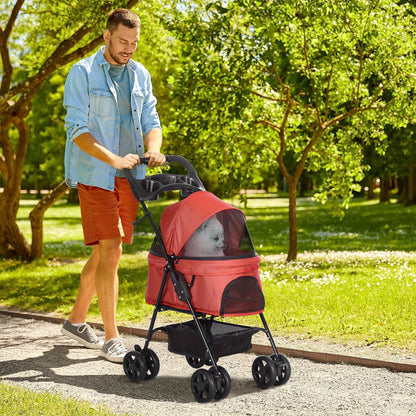 Huisdierwagen – Hondenbuggy – Kattenbuggy – Dierenwagen – Wandelwagen – Opvouwbaar – IJzeren Frame – 360° Draaibare Voorwielen – Remmen Achterwielen – Ventilerend Mesh – Ruime Opbergruimte – Lichtgewicht Rood