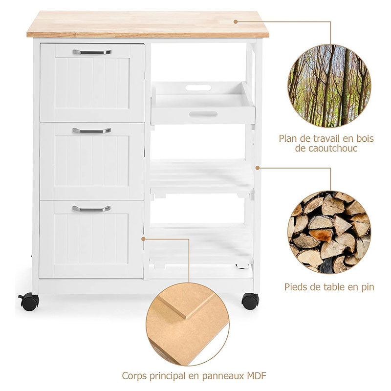 Keukentrolley – Keukenwagen – Serveerwagen – Opbergtrolley – Rollende Keukenkast – 3 Grote Lades – Rubberhout Werkblad Met Uitneembare Tray